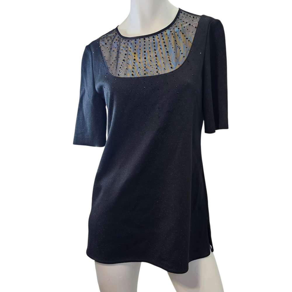 ST JOHN Black Lurex Knit Blouse with Sheer Jewel Embellished Neckline Size 6